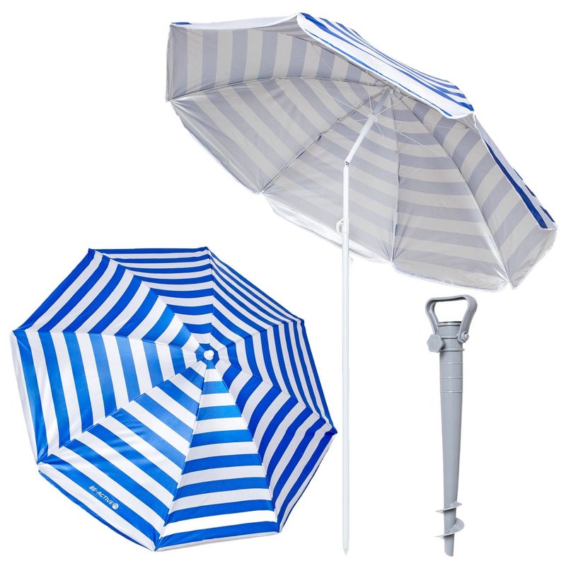 Parasol ogrodowy plażowy 180 cm, składany, regulowany na balkon niebieskie paski + kotwa Be-active.pl