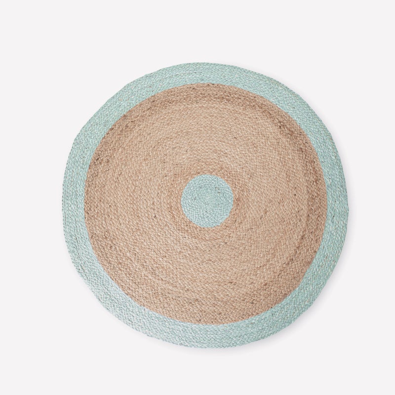 Okrągły dywan z juty w kolorze naturalnym i niebieskim Ø100 cm – ręcznie robiony, minimalistyczny styl śródziemnomorski, idealny do salonu i sypialni