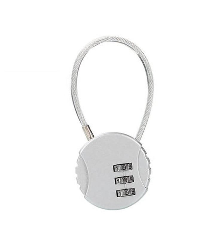Srebrna kłódka zabezpieczająca jednoczęściowa, kłódka szyfrowa, kłódka podróżna, ze stalową linką, 3-cyfrowy kod, odpowiednia do walizek.