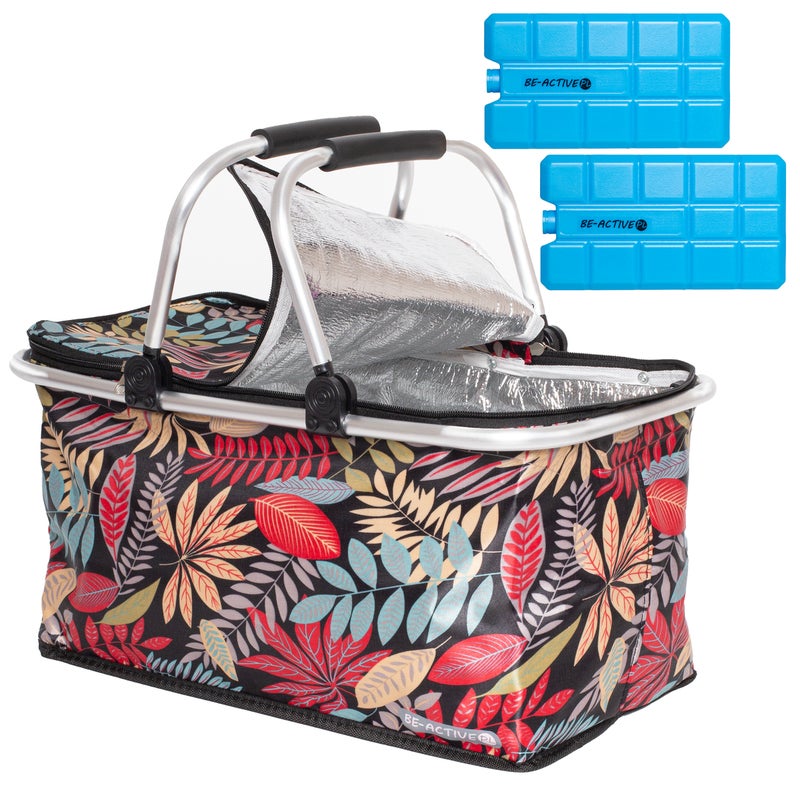 Kosz termiczny piknikowy 30L z wkładami chłodzącymi, plażowy, składany z uchwytami wzór czerwone liście Be-active.pl