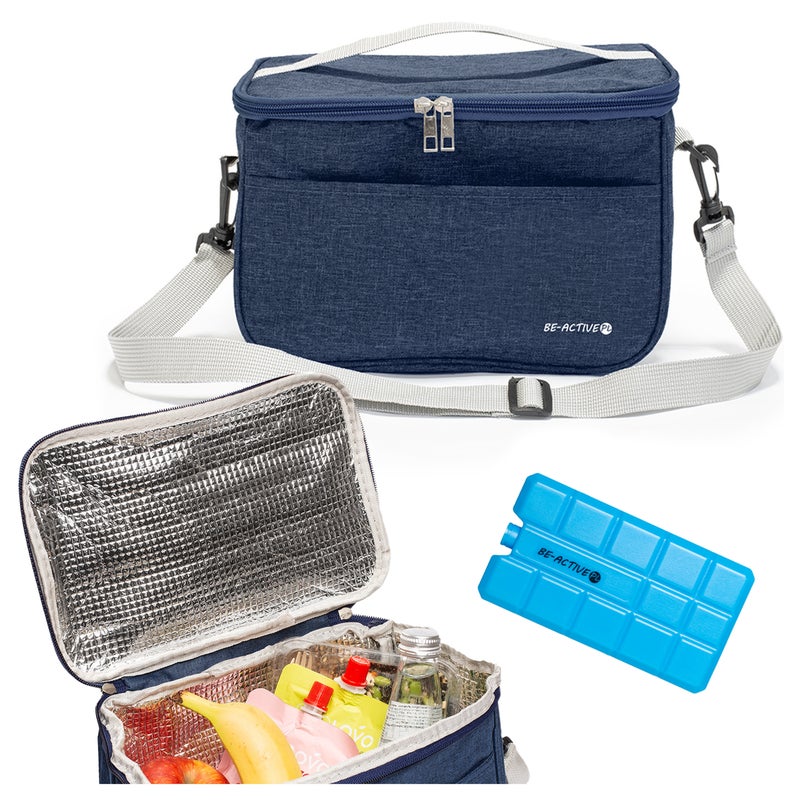 Torba termiczna plażowa 8L, piknikowa z wkładem chłodzącym, na jedzenie, napoje, z paskiem niebieska Be-active.pl