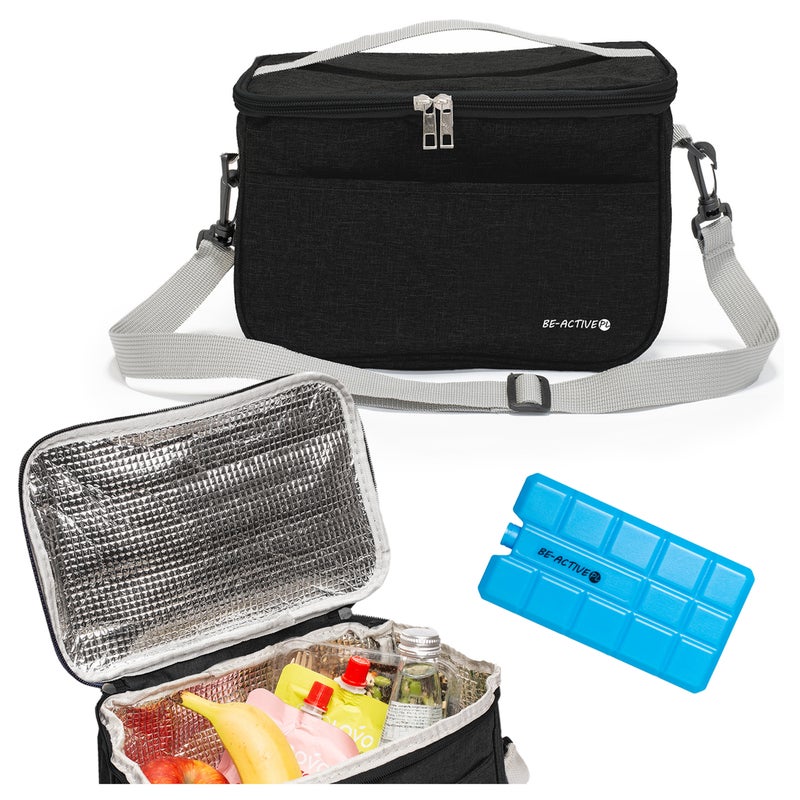 Torba termiczna plażowa 8L, piknikowa z wkładem chłodzącym, na jedzenie, napoje, z paskiem czarna Be-active.pl
