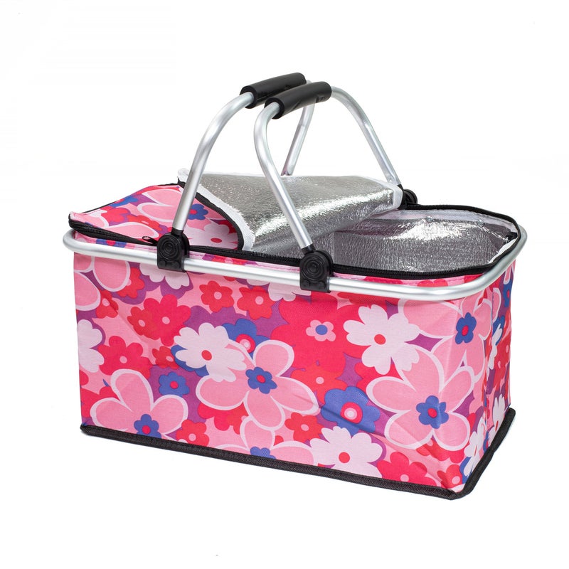 Kosz termiczny piknikowy 30L, plażowy, składany z uchwytami różowe kwiatki Be-active.pl