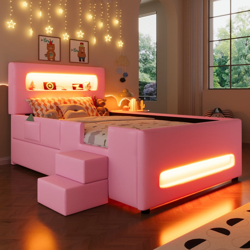 Łóżko tapicerowane 90 x 200 cm z 1 szufladą i 2 schodkami - skóra ekologiczna + płyta MDF - diody LED - różowe (materac nie jest wliczony w cenę)