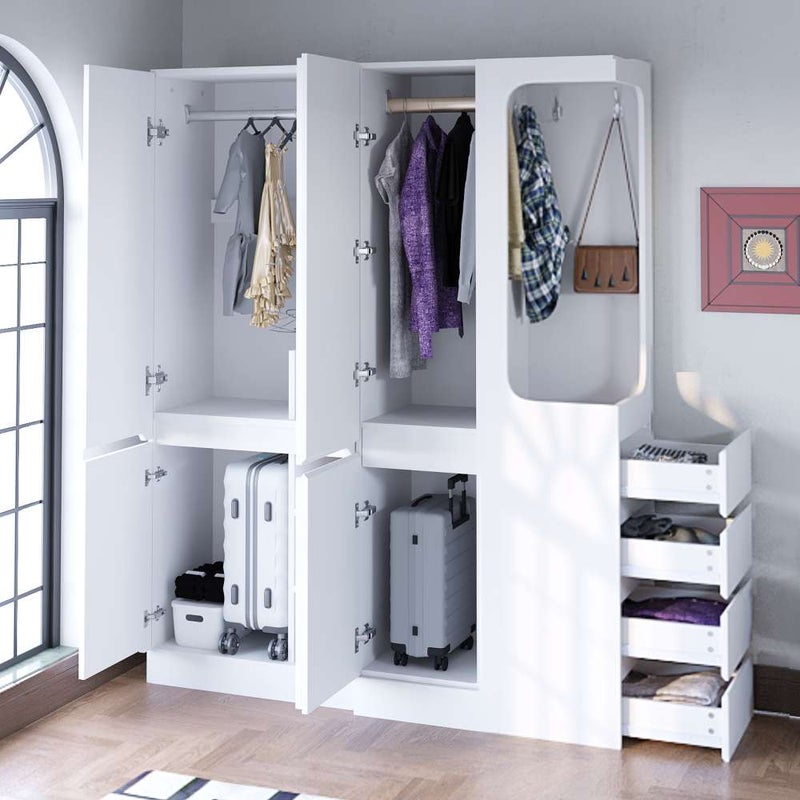 Duża szafa o wymiarach 140x40x170 cm z szufladami i przegródkami, otwarta przestrzeń do przechowywania