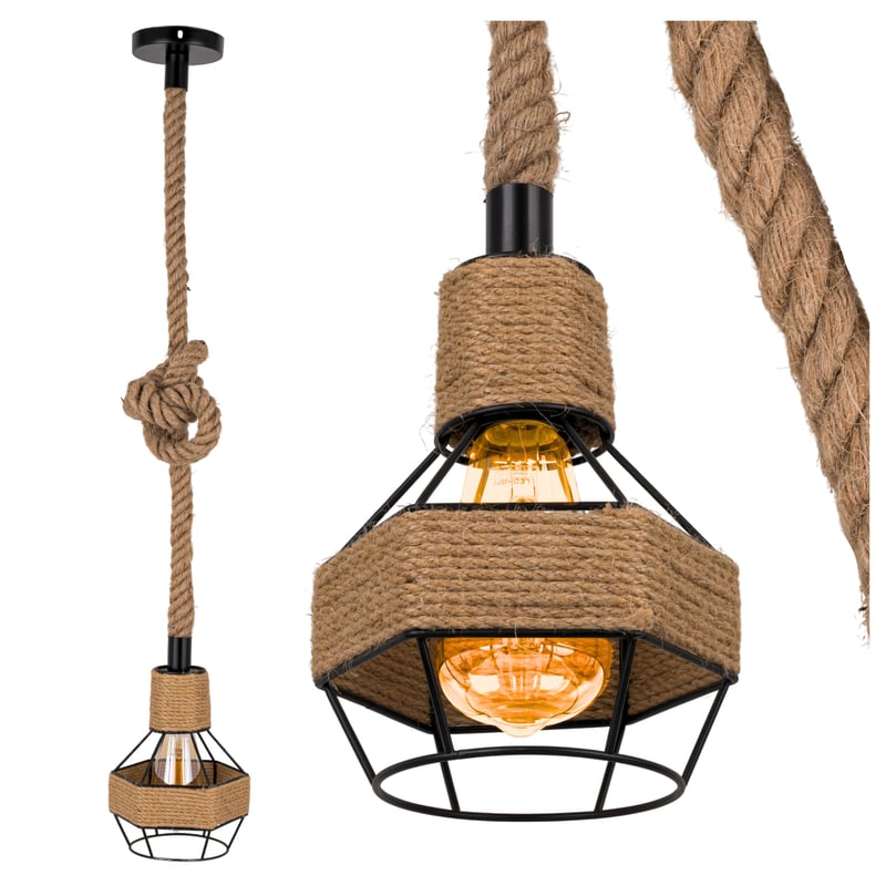 Lampa wisząca lina na sufit RUSTYKALNA sznur BOHO naturalny konopny Oprawa E27 brązowa beżowa z kloszem - LEDHOFF