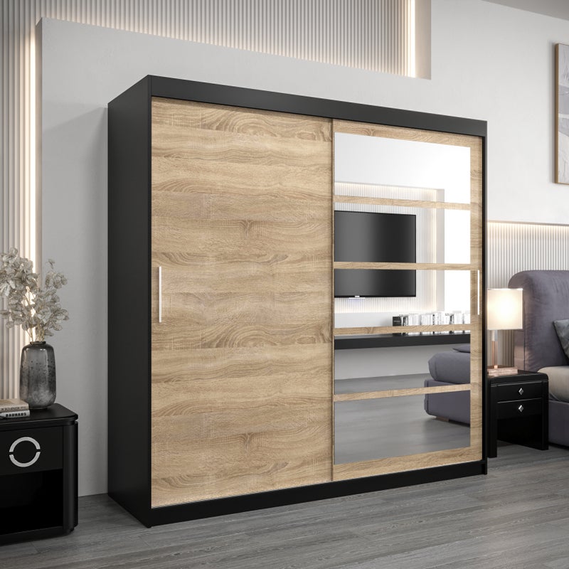 Szafa przesuwna garderoba ROMA 1 200 x 62 x 200 cm Czarny + Sonoma - Abiks Meble