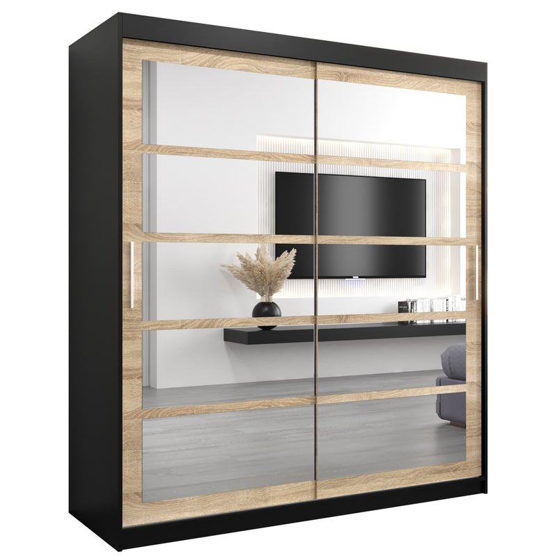 Szafa przesuwna garderoba ROMA 2 180 x 62 x 200 cm Czarny + Sonoma - Abiks Meble