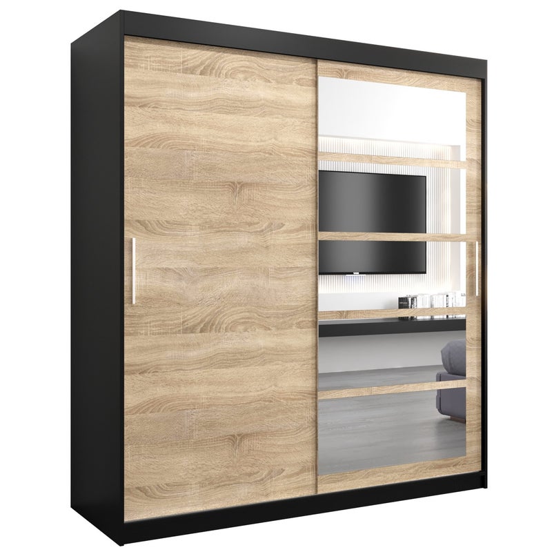 Szafa przesuwna garderoba ROMA 1 180 x 62 x 200 cm Czarny + Sonoma - Abiks Meble