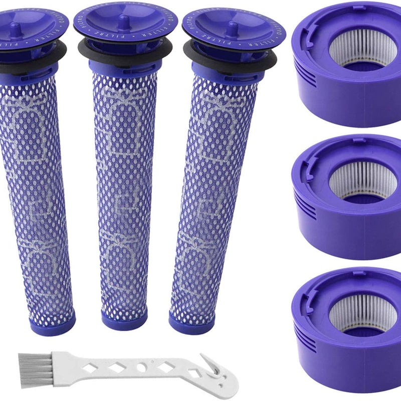 Zestaw 6 filtrów wymiennych do odkurzaczy Dyson V7, V8 Animal i V8 Cordless: 3 filtry końcowe i 3 filtry wstępne.