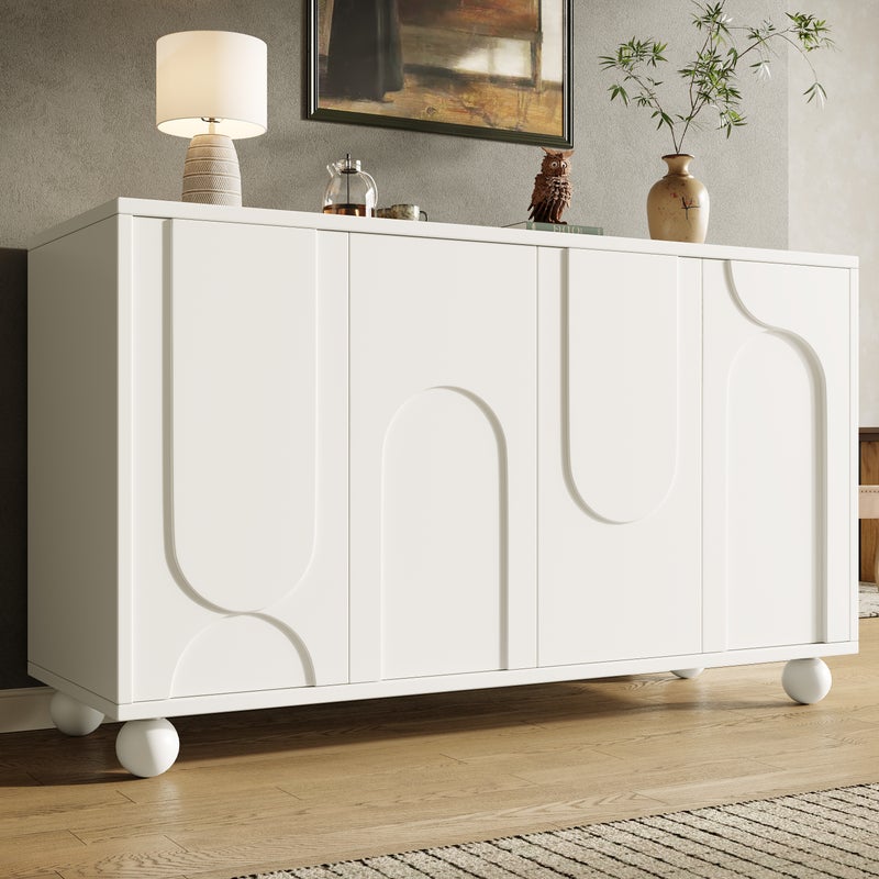 Komoda niska z 4 drzwiami - 120 x 35 x 71 cm - Regulowane półki - Płyta MDF i okrągłe nogi - Do jadalni i salonu - Biała