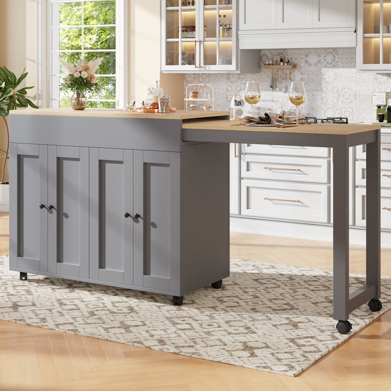 Wyspa kuchenna z rozkładanym stołem jadalnym i 4 drzwiami - 118/180 x 50 x 94 cm - MDF - Szara