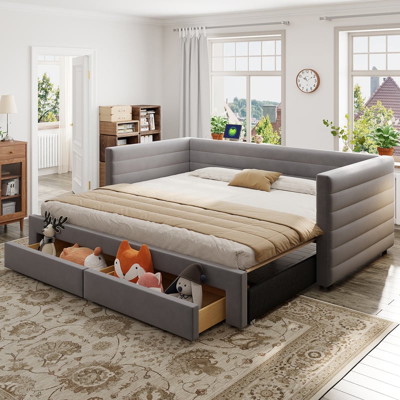 Łóżko wysuwane 90/180 x 200 cm z zagłówkiem, sofa rozkładana - Tkanina lniana - Szary (Materac nie jest wliczony w cenę)