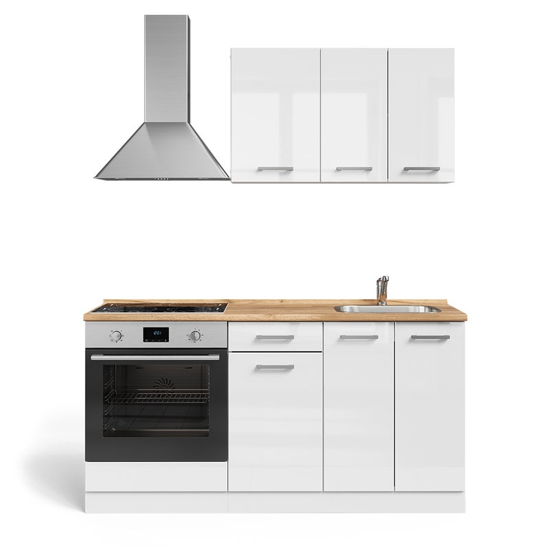 Vicco Pojedyncza kuchnia R-Line, Biały wysoki połysk/biały, 160 cm z szafką pod piekarnik i zlewem bez BL