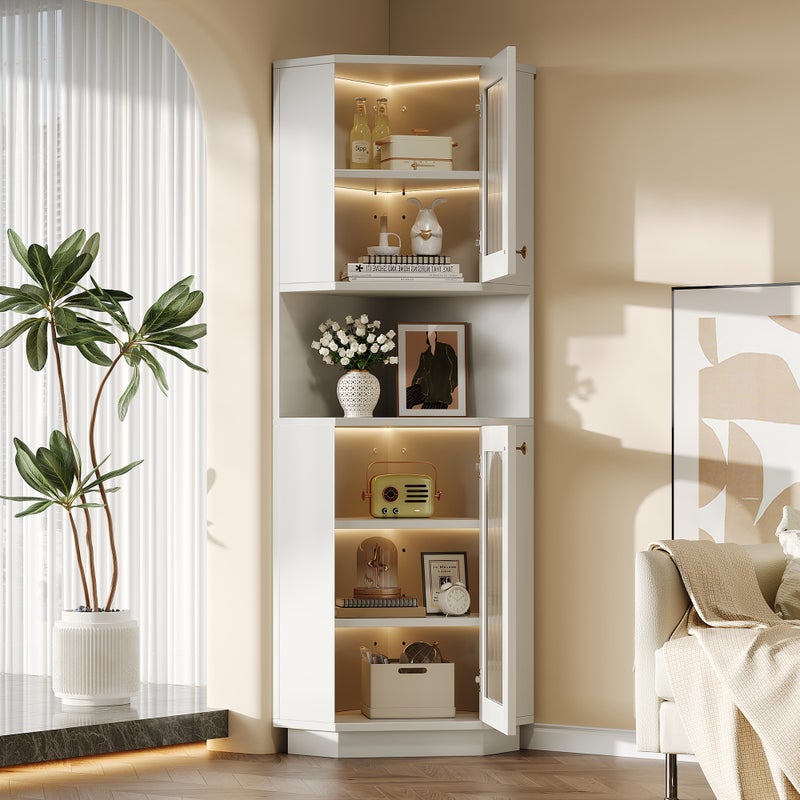 Narożna szafka łazienkowa z 2 drzwiami i 1 wnęką - 45 x 45 x 166,5 cm - Diody LED - Płyta MDF - Regulowane półki - Biała