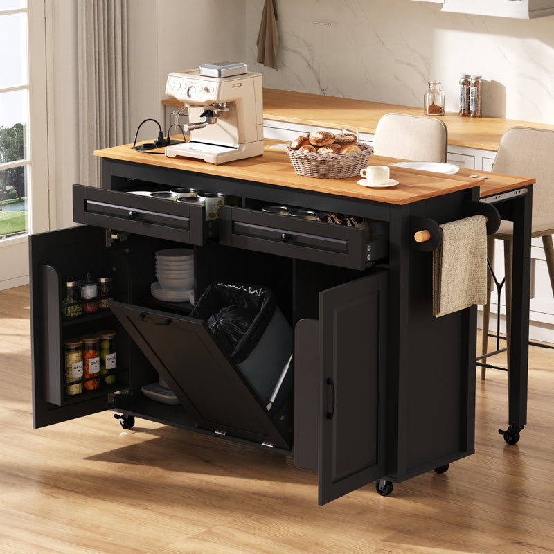 Wyspa kuchenna z rozkładanym stołem barowym - 2 drzwi, 2 szuflady i przegroda na śmieci - 120 x 40/75 x 92 cm - MDF - Czarny