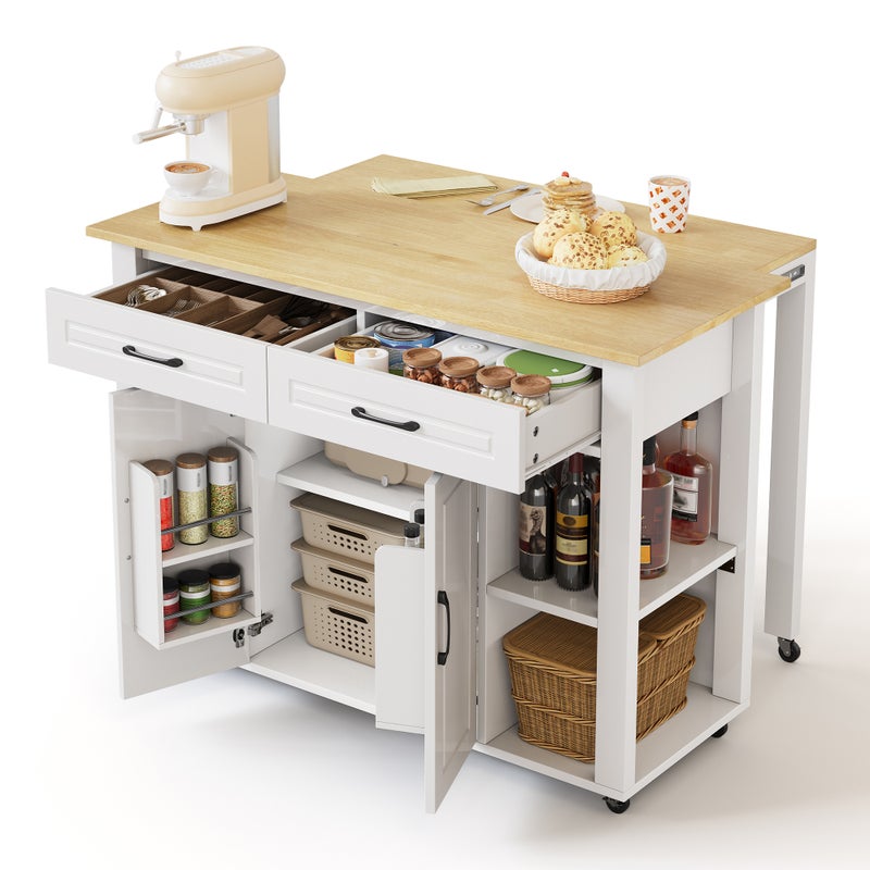 Wyspa kuchenna z rozkładanym stołem barowym - 2 drzwi, 2 szuflady i 4 przegródki - Port ładowania - 120x50/77x93 cm - MDF - Biały