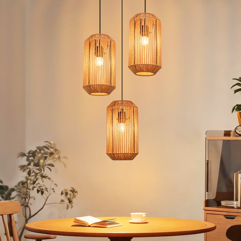 Nettlife Lampa Wisząca Boho Rattan - Żyrandol 3-pkt E27, Regulowana, Styl Retro, nad Stół do Salonu Sypialni (Bez Żarówki)