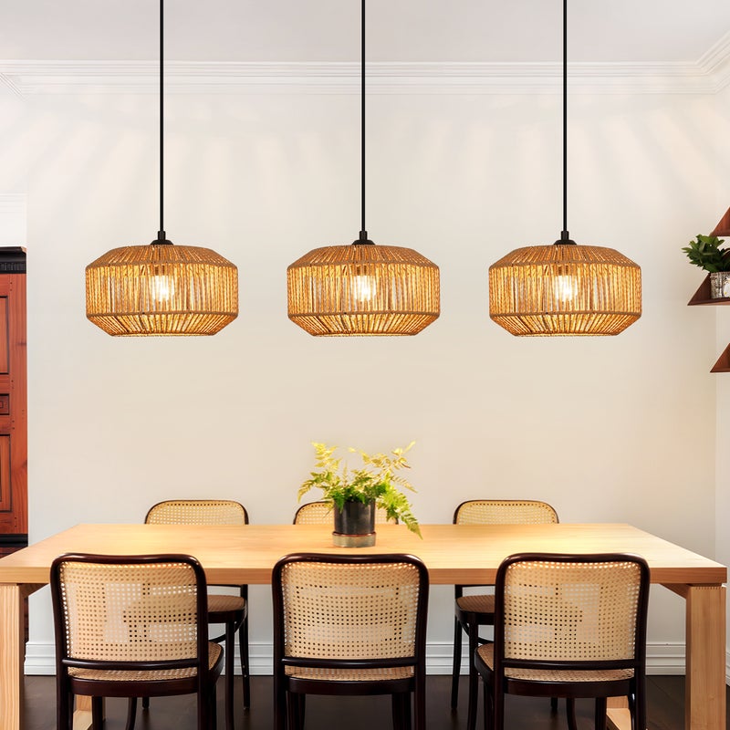 Nettlife Lampa Wisząca Rattanowa Boho - Lampa 3-pkt E27 nad Stół, Styl Retro, Regulowana Wysokość, do Salonu