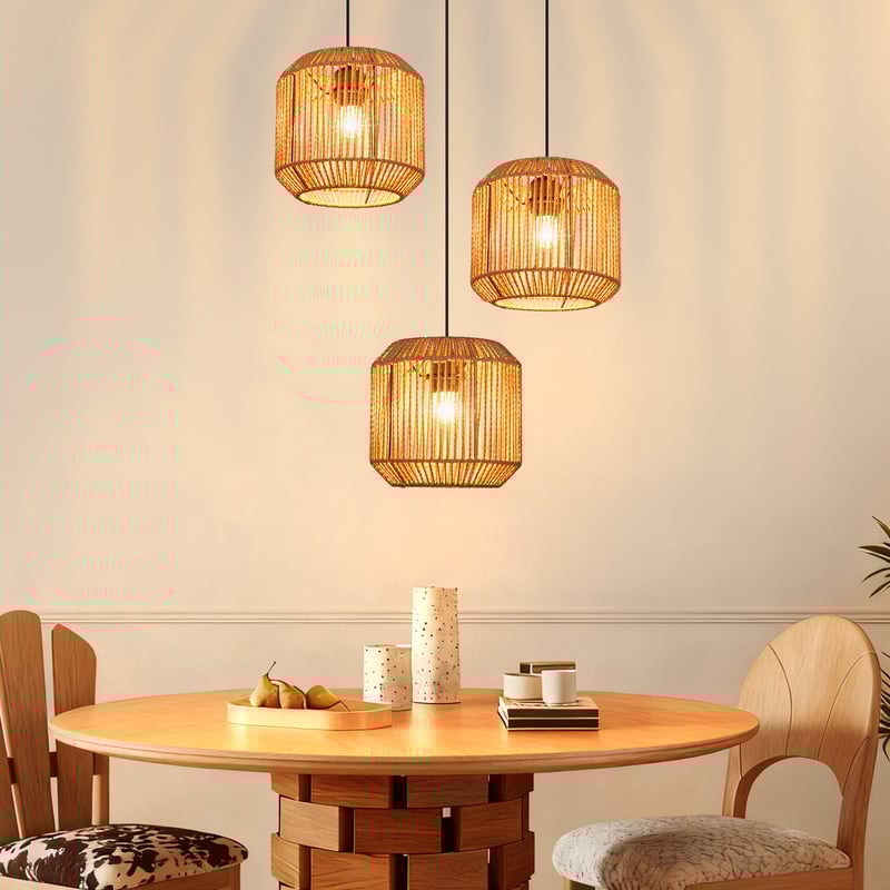 Nettlife Lampa Wisząca Boho Rattan - Żyrandol 3-pkt E27, Regulowana, Styl Retro, nad Stół do Salonu Sypialni (Bez Żarówki)