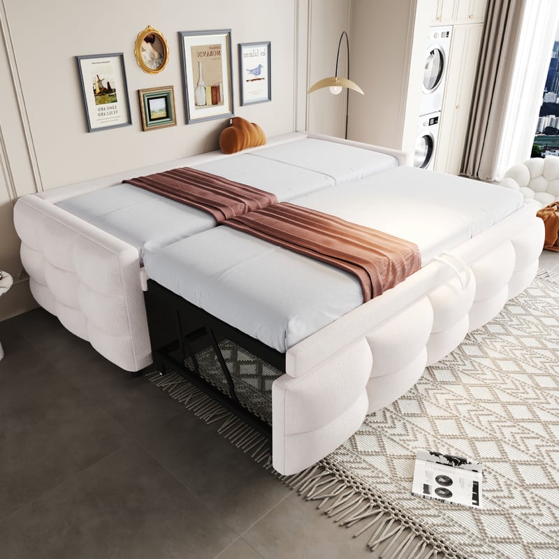 Łóżko wysuwane 90/180 x 190 cm bez zagłówka, sofa rozkładana - tkanina Teddy - do sypialni - beżowe (materac nie jest wliczony w cenę)