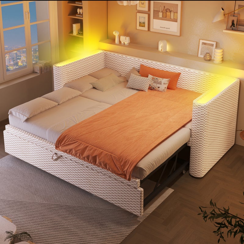 Łóżko wysuwane 90/180 x 200 cm z podłokietnikami, sofa rozkładana - Aksamit - Diody LED - Beż (Materac nie jest wliczony w cenę)