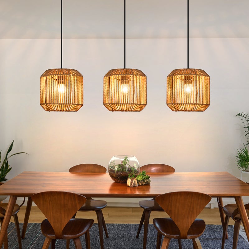 Nettlife Lampa Wisząca Boho Rattan - Żyrandol 3-pkt E27, Regulowana, Styl Retro, nad Stół do Salonu Sypialni (Bez Żarówki)