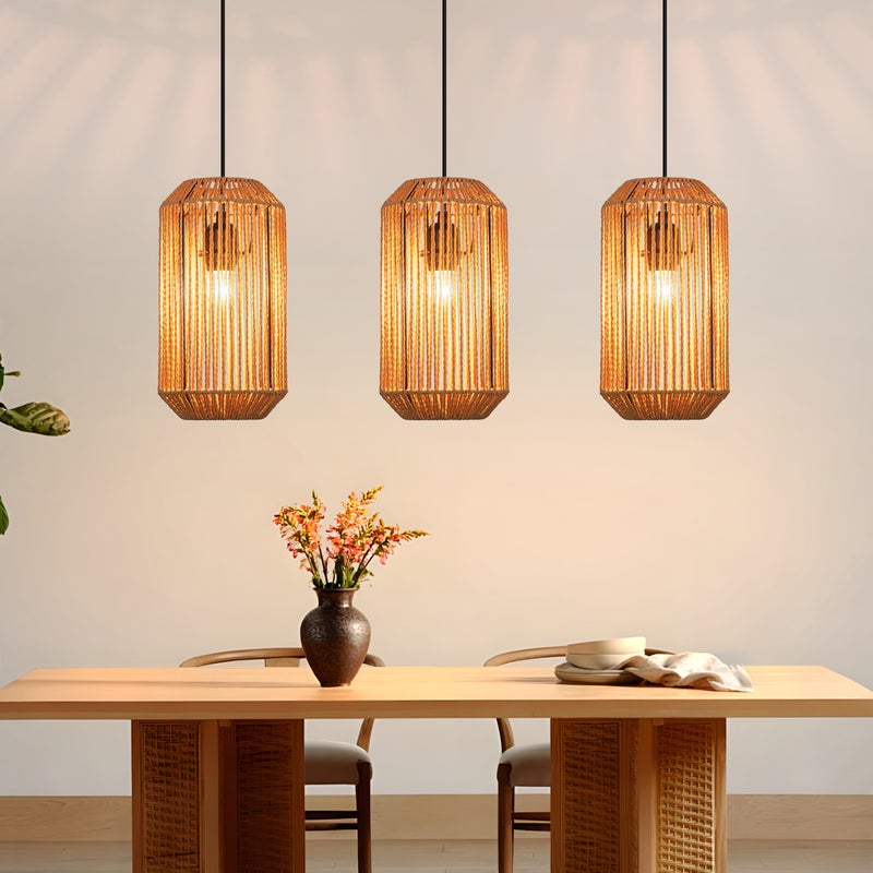 Nettlife Lampa Wisząca Boho Rattan - Żyrandol 3-pkt E27, Regulowana, Styl Retro, nad Stół do Salonu Sypialni (Bez Żarówki)