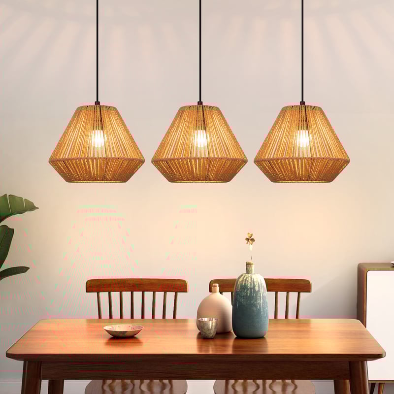 Nettlife Lampa Wisząca Boho Rattan - Żyrandol 3-pkt E27, Regulowana, Styl Retro, nad Stół do Salonu Sypialni (Bez Żarówki)