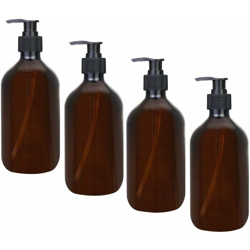 Cztery bursztynowe butelki z dozownikiem o pojemności 500 ml, jedna pusta bursztynowa butelka z pompką, butelki plastikowe, odpowiednie do balsamów,