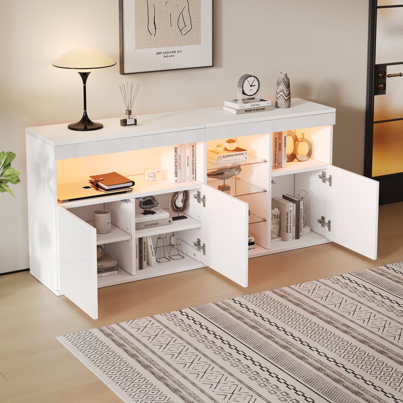 Komoda niska z 3 drzwiami i 3 szklanymi półkami - 155,5 x 35 x 72 cm - Diody LED - Płyta wiórowa - Biała
