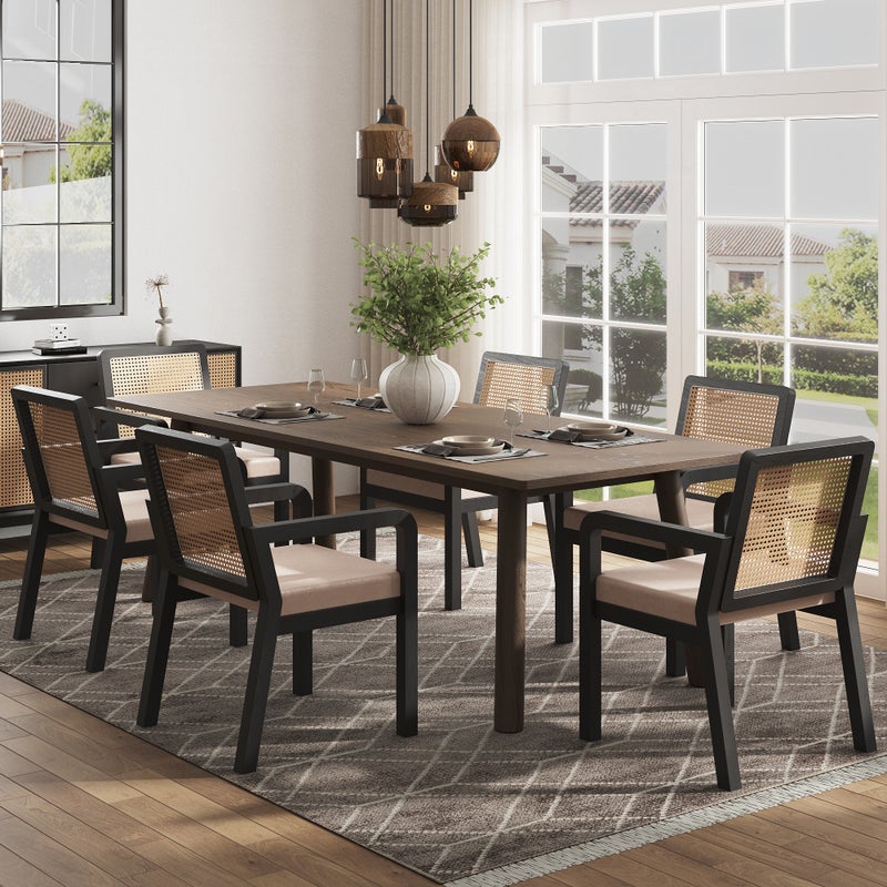 Zestaw 6 krzeseł do jadalni z podłokietnikami i oparciem z rattanu – 56 x 57 x 83,5 cm – Aksamitna tapicerka i nogi z drewna kauczukowego – czarne