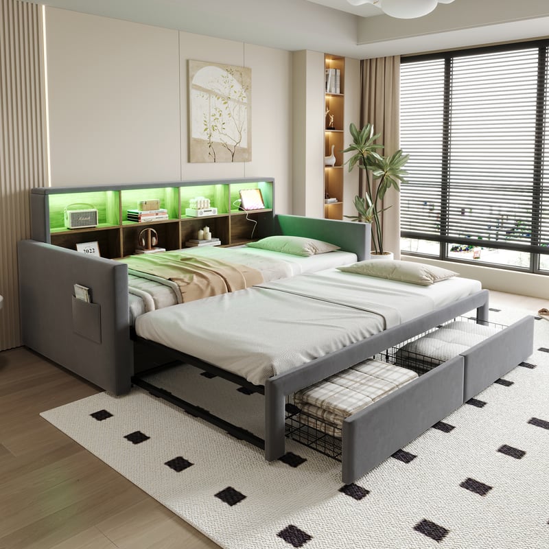 Łóżko wysuwane 90/180 x 190 cm z 2 szufladami i przegródkami - Aksamit - Diody LED - Ciemnoszary (Materac nie jest wliczony w cenę)