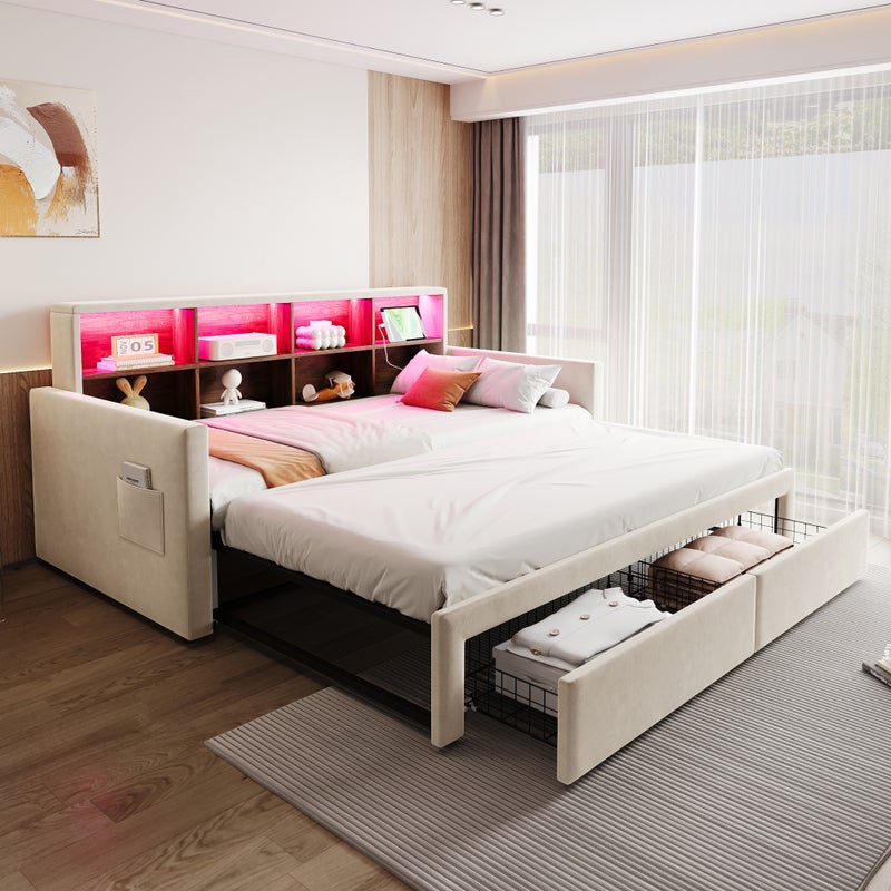 Łóżko wysuwane 90/180 x 190 cm z 2 szufladami i przegródkami, Sofa rozkładana - Aksamitna - LED - Beżowa (Materac nie jest wliczony w cenę)