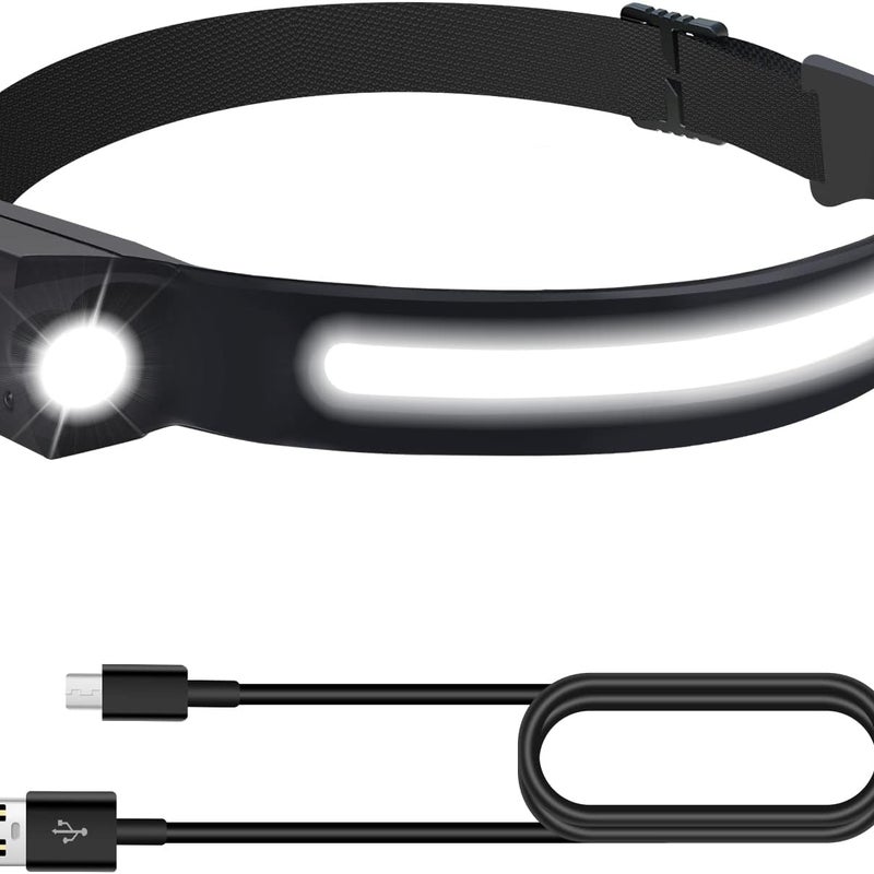 Latarka czołowa LED, ładowana przez USB, wodoodporna, COB, 5 trybów pracy, odpowiednia do biegania, biwakowania, jazdy na rowerze, używania w kasku i