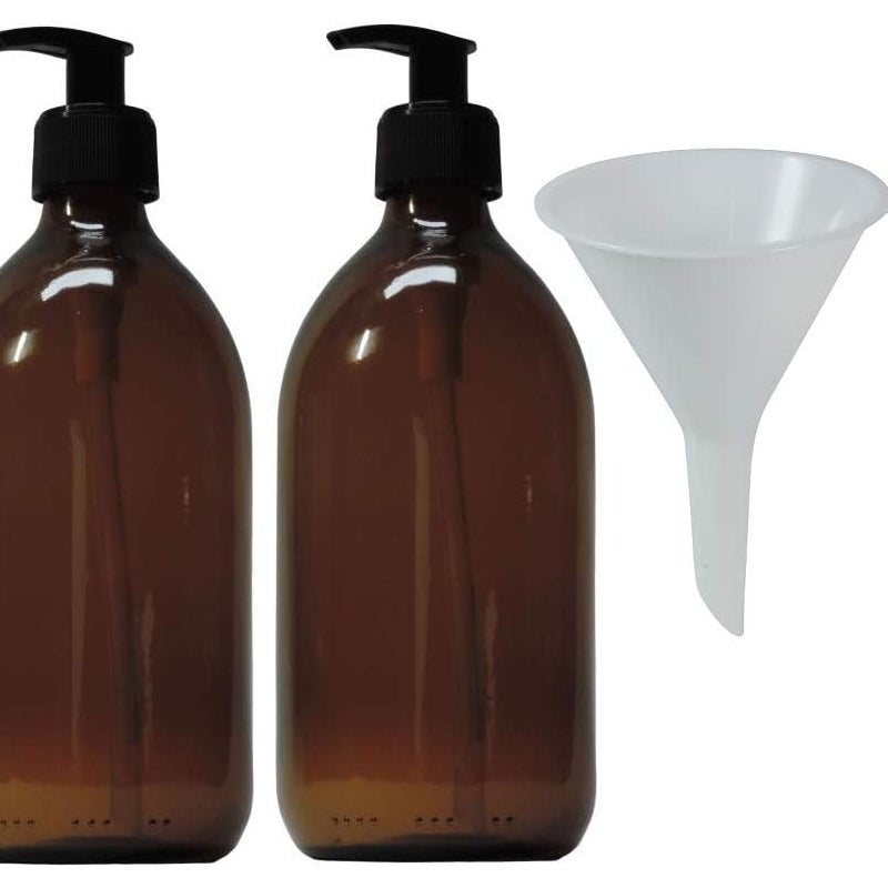 Dwa dozowniki do mydła ze szkła bursztynowego o pojemności 500 ml, bez BPA, dopuszczone do kontaktu z żywnością, brązowe.