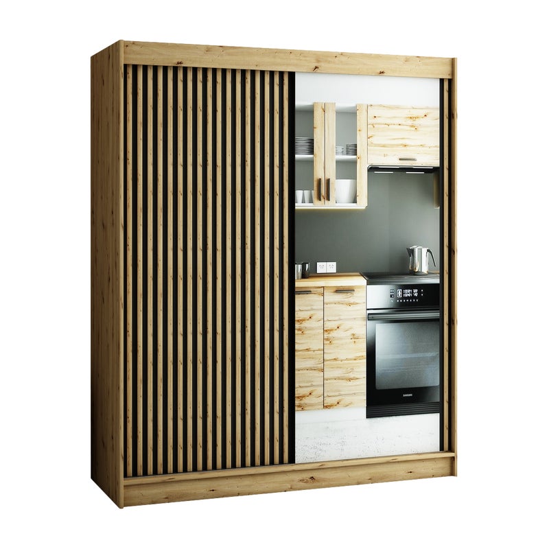 Garderoba z lustrem i drzwiami przesuwnymi Lamelo 2 180 dąb artisan czarna biała