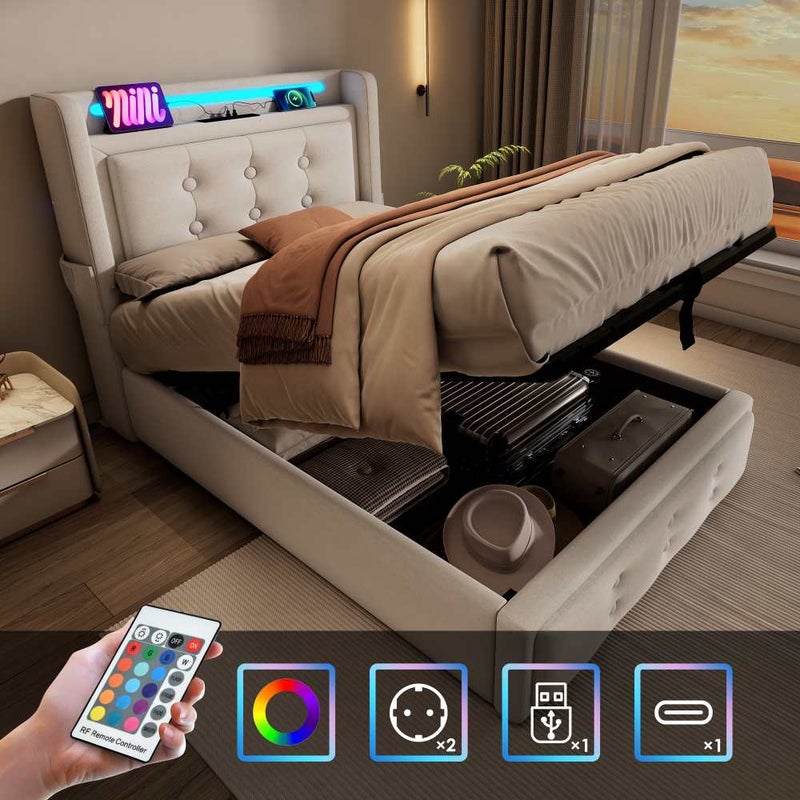 Łóżko tapicerowane 90x200 z zagłówkiem LED, port USB-C, rama hydrauliczna, drewniano-metalowy stelaż, udźwig 150 kg, beżowy, bez materaca