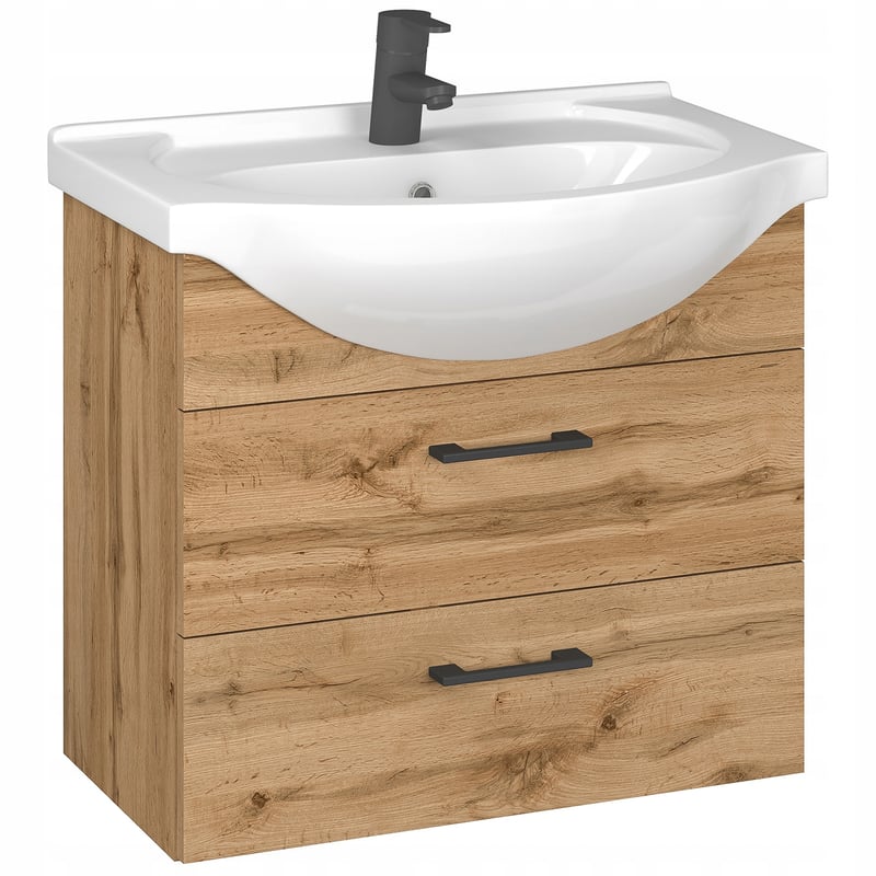 Zestaw 60 cm szafka dąb wotan czarne uchwyty z umywalką ceramiczną