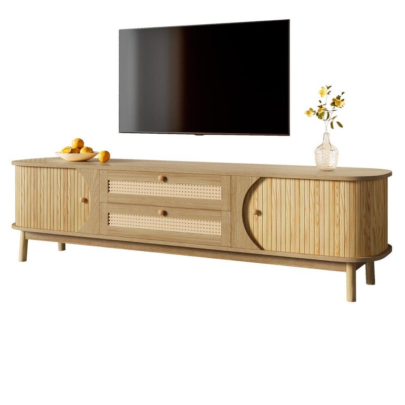 Szafka RTV z naturalnego drewna z drzwiami i szufladami z rattanu – szafka RTV w stylu rustykalnym z miejscem do przechowywania, 170x46x39,5 cm