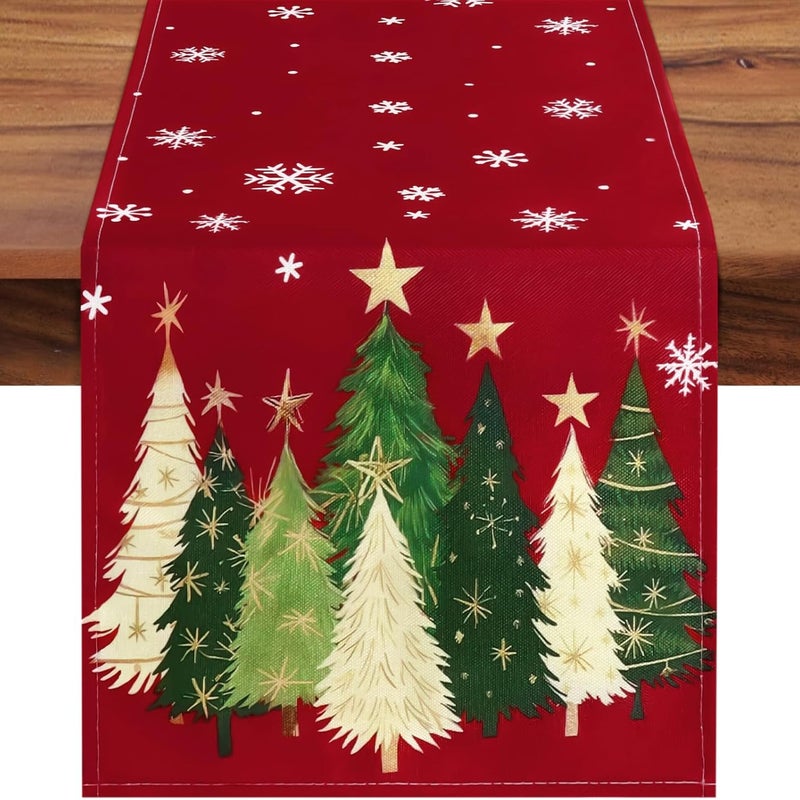 Nowoczesny lniany bieżnik świąteczny z nadrukiem choinki i płatków śniegu, idealny na zimę, święta, uroczystości końca roku i dekorację