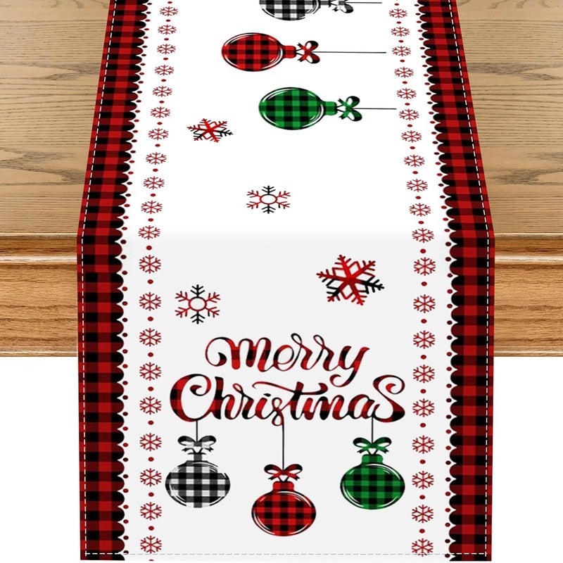 Bieżnik świąteczny, obrus z bombką i płatkiem śniegu, czerwony lniany bieżnik świąteczny, zmywalny obrus do dekoracji stołu