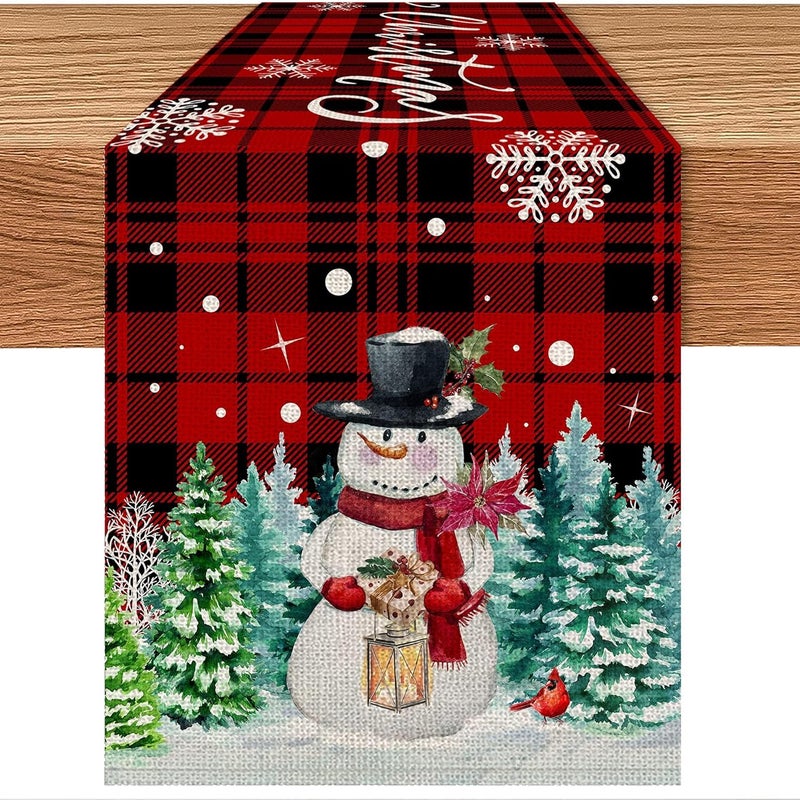 Bieżnik świąteczny 183 x 33 cm, Bieżnik świąteczny z choinką, płatkami śniegu, bałwanem i kocem, Lniany stół świąteczny, Zmywalny, Ta