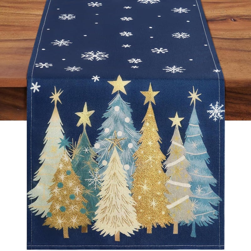 Nowoczesny lniany bieżnik świąteczny z nadrukiem choinki i płatków śniegu, idealny na zimę, święta, uroczystości końca roku i dekorację