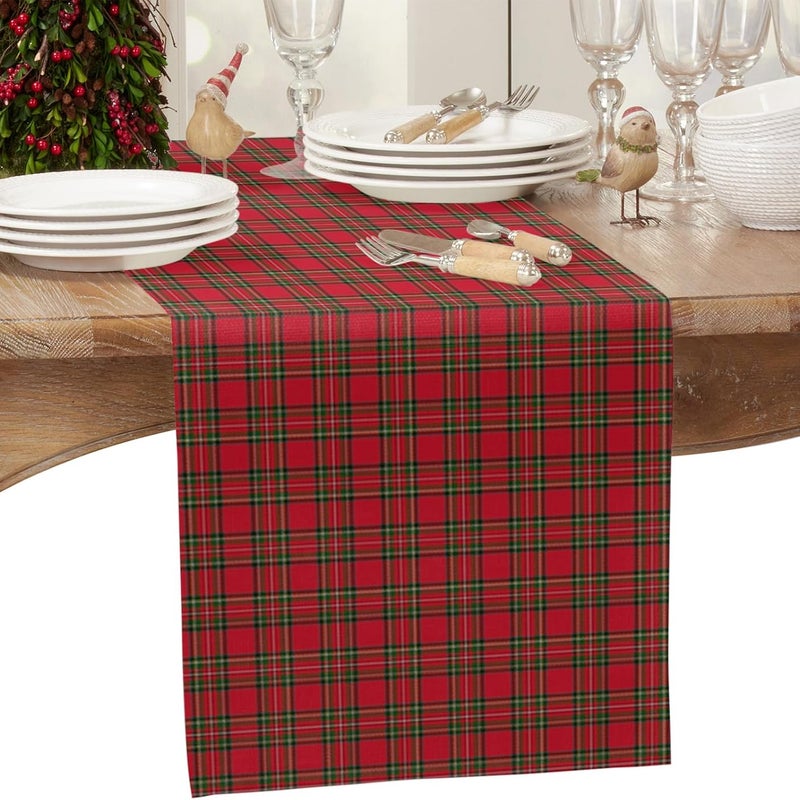 Bieżnik świąteczny w kratkę, dł. 183 cm, wykonany z bawełny i lnu, styl rustykalny, nadający się do prania, na stolik kawowy, do kuchni, na imprezy, n