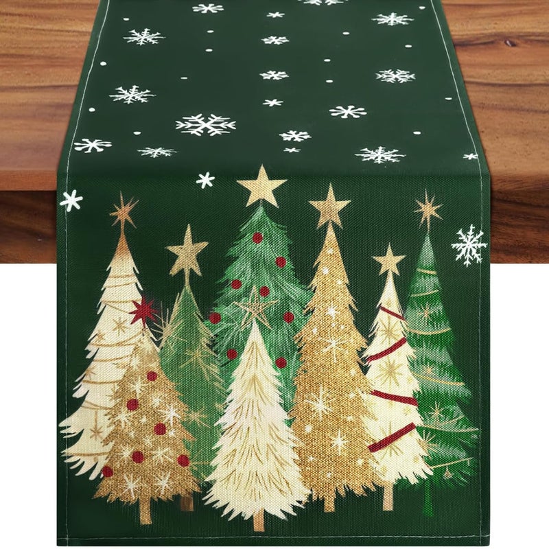 Nowoczesny lniany bieżnik świąteczny z nadrukiem choinki i płatków śniegu, idealny na zimę, święta, uroczystości końca roku i dekorację