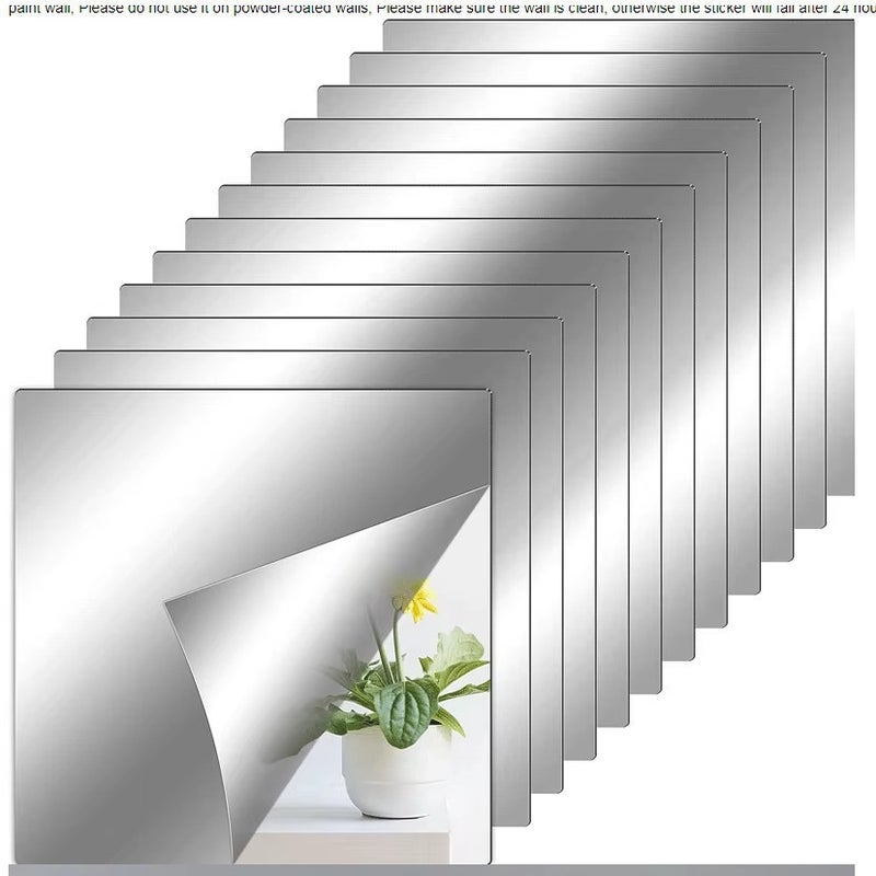 12 sztuk samoprzylepnego lustra ściennego 20 x 20 cm, kwadratowe, elastyczne, odporne na wybuch, samoprzylepne lustro z PVC, dekoracja z tworzywa sztu