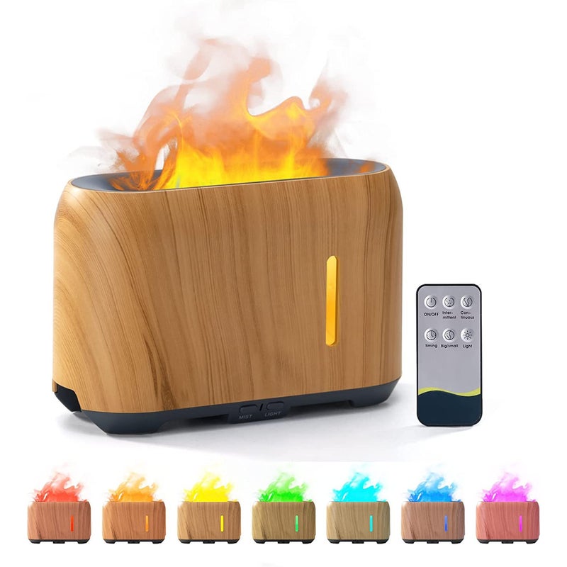 Dyfuzor olejków eterycznych z efektem płomienia, ulepszony 7-kolorowy płomień, dyfuzor z pilotem, 3 timery, regulowane światło LED