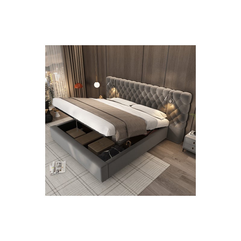 Łóżko tapicerowane 180 x 200 cm, łóżko małżeńskie z pojemnikiem na pościel i oświetleniem LED, zagłówek z szarego aksamitu