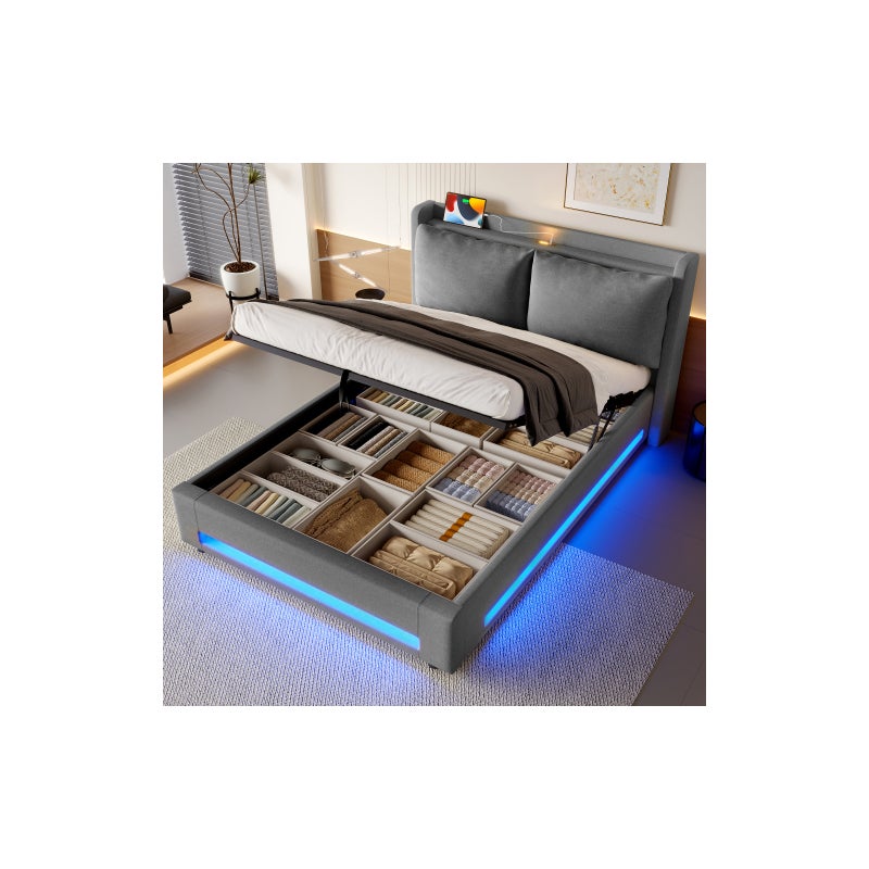 Łóżko z baldachimem 140x190 cm, łóżko dwuosobowe z zagłówkiem i miejscem do przechowywania, aksamit, kolor ciemnoszary